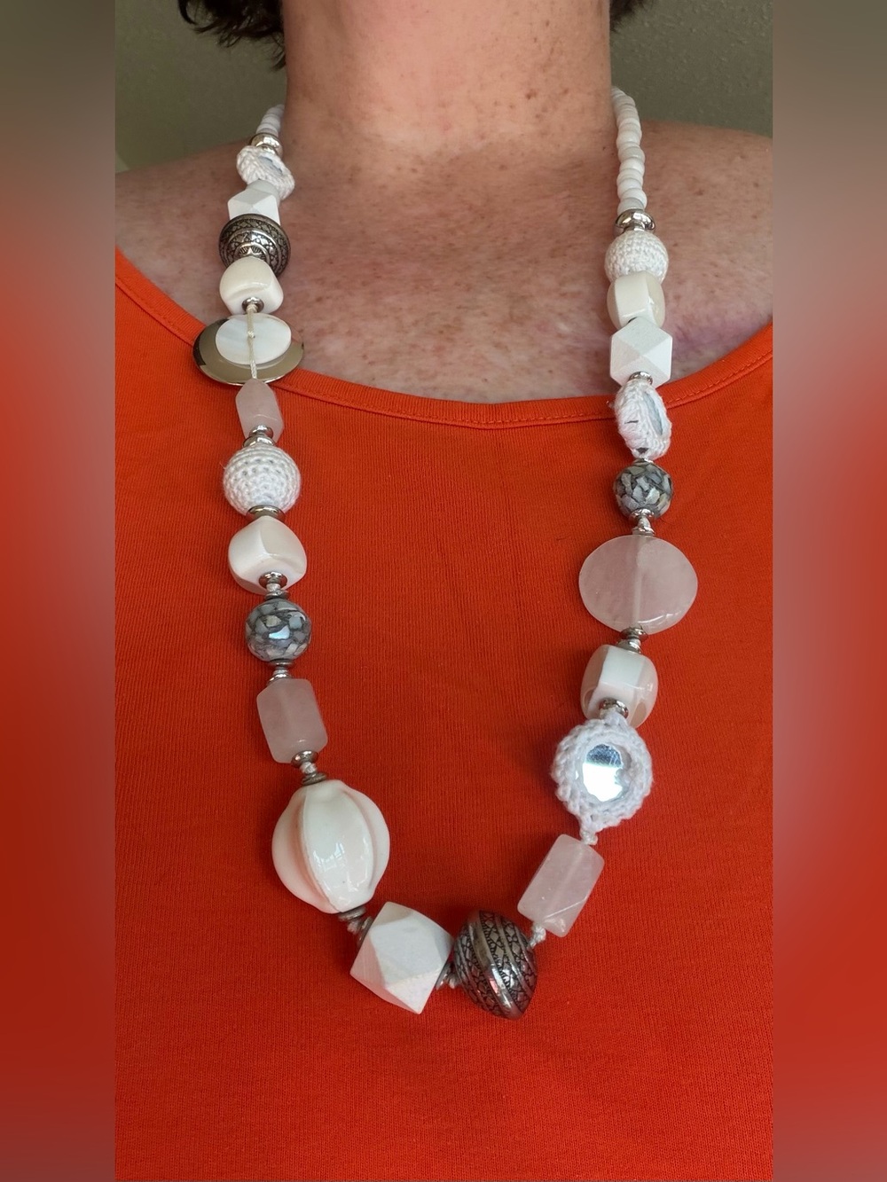 Chico’s Long White Mixed Bead Statement Necklace EUC - Picture 2 of 8